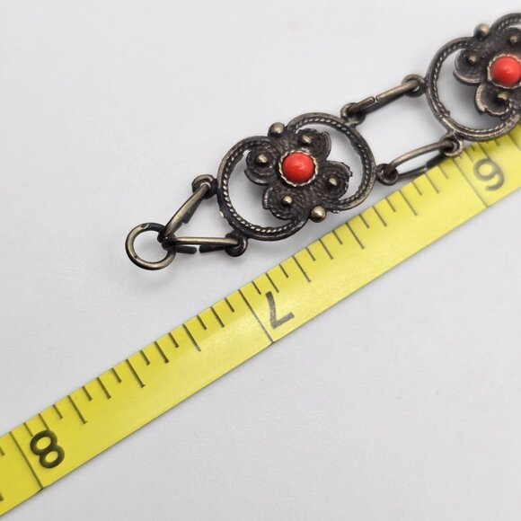 Antique 800 Silver Floral Link Bracelet 7.25" Red Coral Accents *48 DA Hallmark - Picture 10 of 15